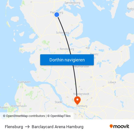 Flensburg to Barclaycard Arena Hamburg map