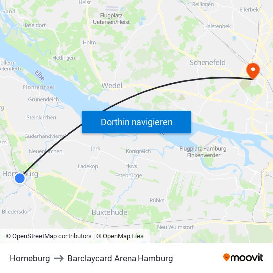 Horneburg to Barclaycard Arena Hamburg map