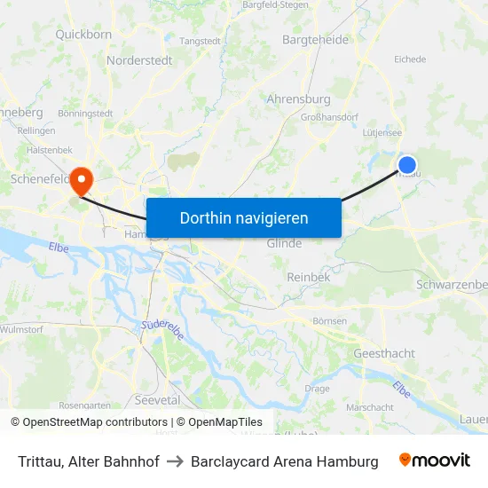 Trittau, Alter Bahnhof to Barclaycard Arena Hamburg map