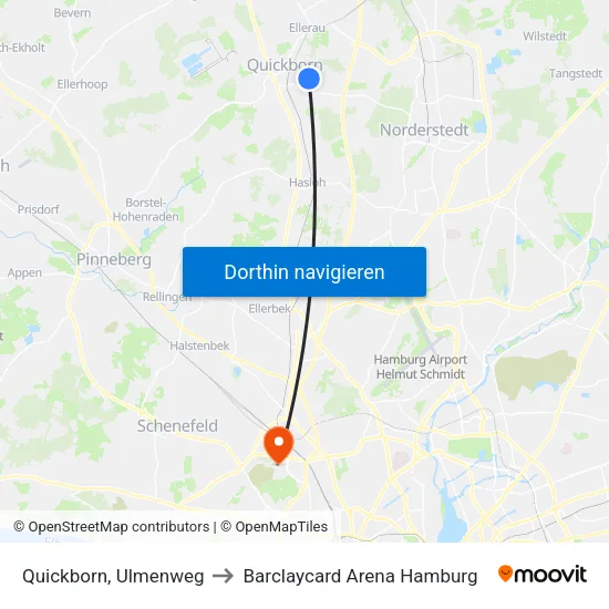 Quickborn, Ulmenweg to Barclaycard Arena Hamburg map