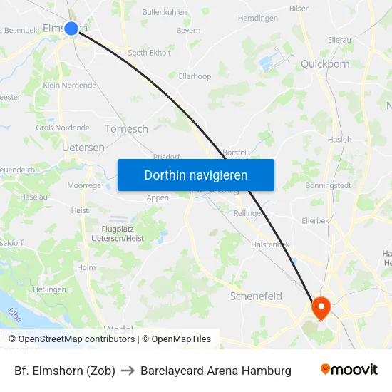 Bf. Elmshorn (Zob) to Barclaycard Arena Hamburg map
