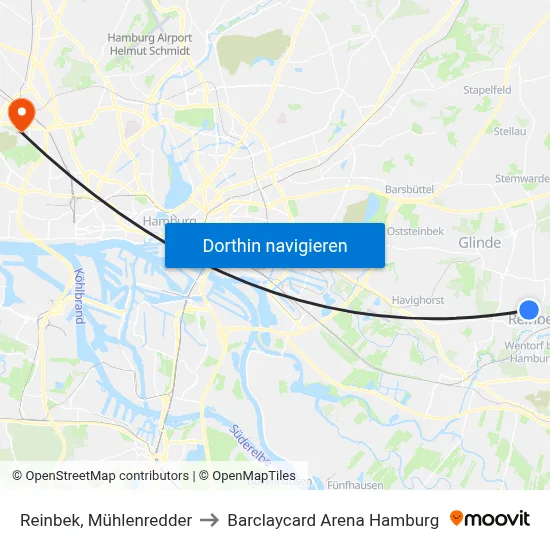 Reinbek, Mühlenredder to Barclaycard Arena Hamburg map