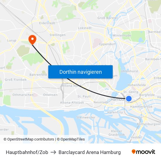 Hauptbahnhof/Zob to Barclaycard Arena Hamburg map