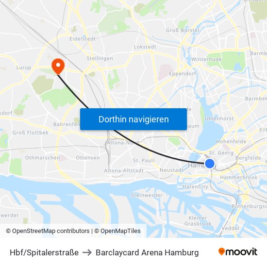 Hbf/Spitalerstraße to Barclaycard Arena Hamburg map