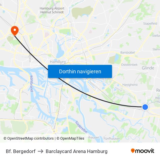 Bf. Bergedorf to Barclaycard Arena Hamburg map