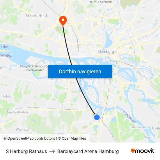 S Harburg Rathaus to Barclaycard Arena Hamburg map