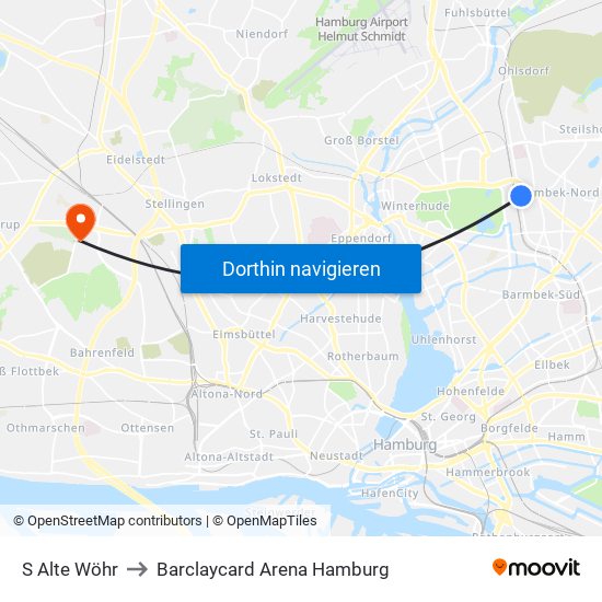 S Alte Wöhr to Barclaycard Arena Hamburg map