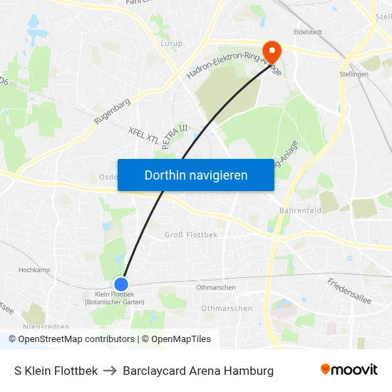 S Klein Flottbek to Barclaycard Arena Hamburg map
