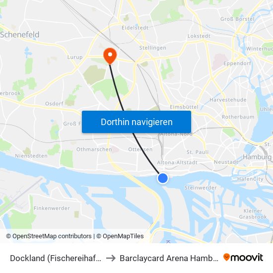 Dockland (Fischereihafen) to Barclaycard Arena Hamburg map