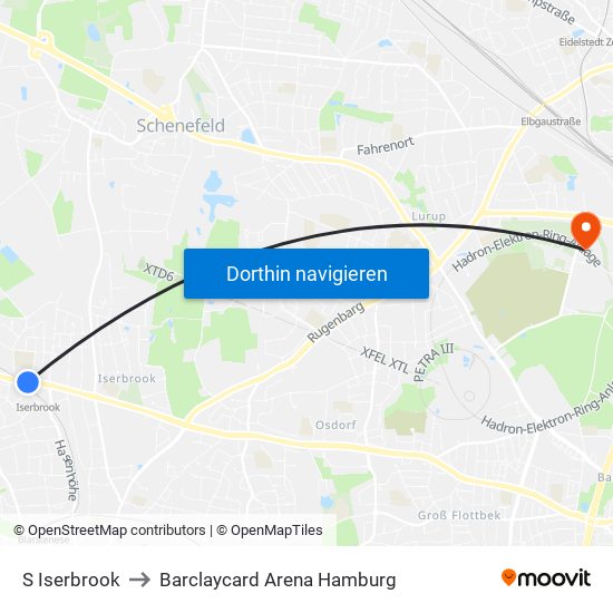 S Iserbrook to Barclaycard Arena Hamburg map