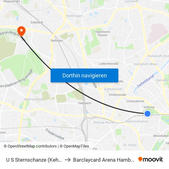 U S Sternschanze (Kehre) to Barclaycard Arena Hamburg map