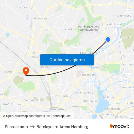 Suhrenkamp to Barclaycard Arena Hamburg map