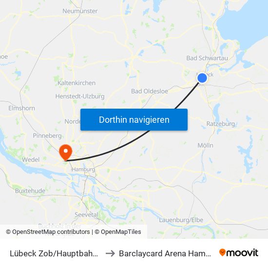 Lübeck Zob/Hauptbahnhof to Barclaycard Arena Hamburg map