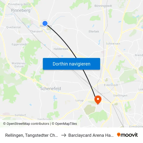 Rellingen, Tangstedter Chaussee to Barclaycard Arena Hamburg map