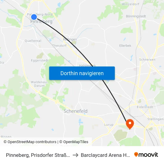 Pinneberg, Prisdorfer Straße (Mitte) to Barclaycard Arena Hamburg map