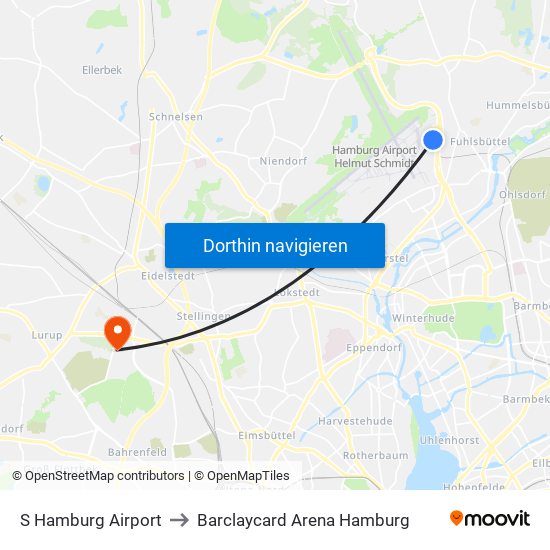 S Hamburg Airport to Barclaycard Arena Hamburg map