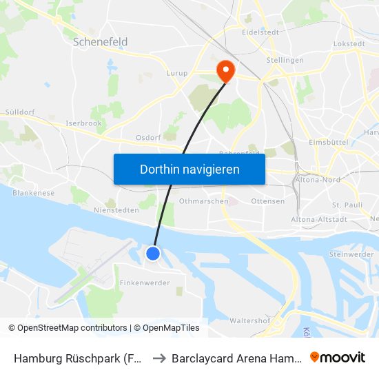 Hamburg Rüschpark (Fähre) to Barclaycard Arena Hamburg map