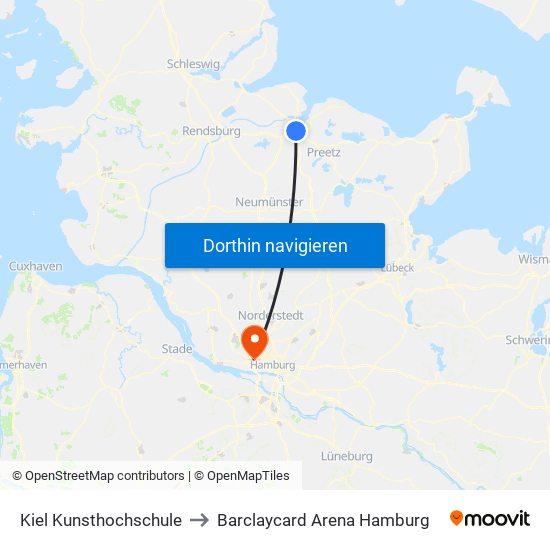 Kiel Kunsthochschule to Barclaycard Arena Hamburg map