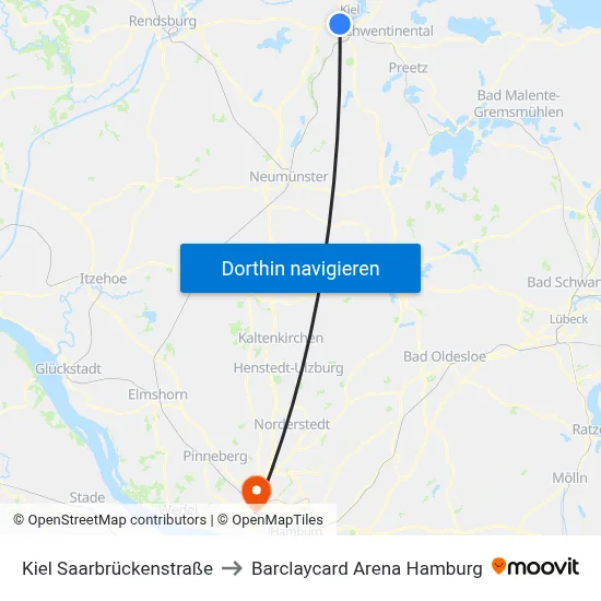 Kiel Saarbrückenstraße to Barclaycard Arena Hamburg map