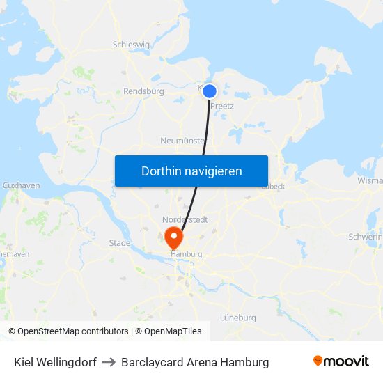 Kiel Wellingdorf to Barclaycard Arena Hamburg map