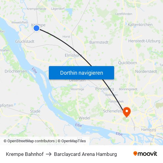 Krempe Bahnhof to Barclaycard Arena Hamburg map