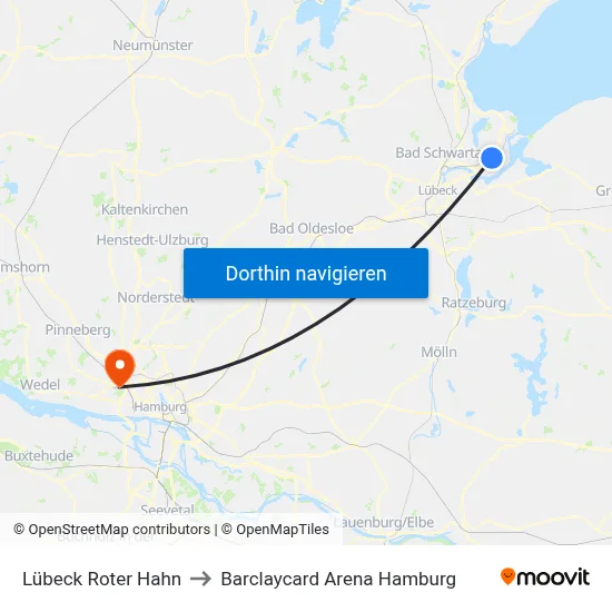 Lübeck Roter Hahn to Barclaycard Arena Hamburg map