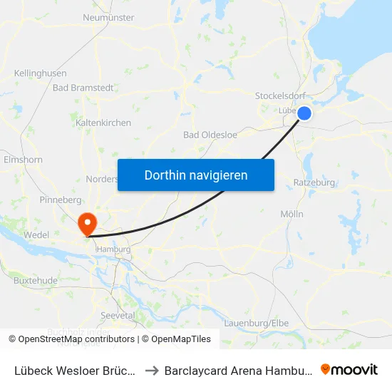 Lübeck Wesloer Brücke to Barclaycard Arena Hamburg map