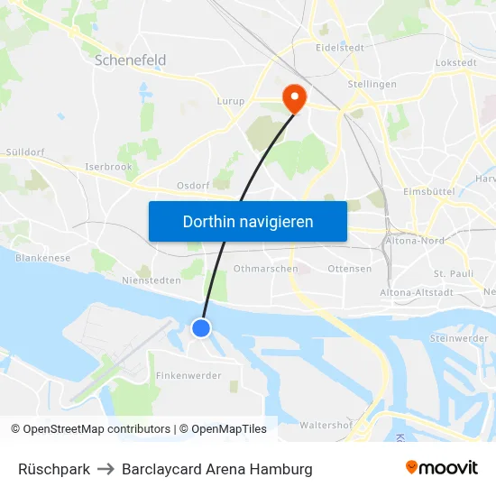 Rüschpark to Barclaycard Arena Hamburg map