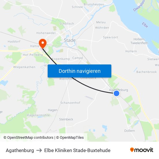 Agathenburg to Elbe Kliniken Stade-Buxtehude map