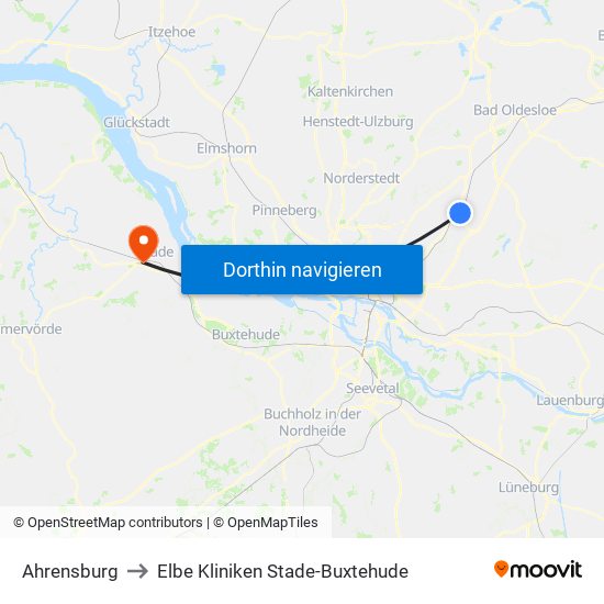 Ahrensburg to Elbe Kliniken Stade-Buxtehude map
