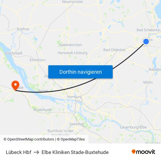 Lübeck Hbf to Elbe Kliniken Stade-Buxtehude map