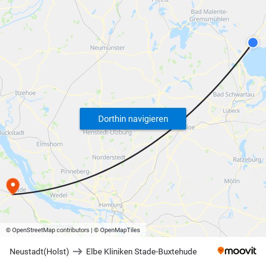 Neustadt(Holst) to Elbe Kliniken Stade-Buxtehude map