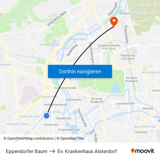 Eppendorfer Baum to Ev. Krankenhaus Alsterdorf map