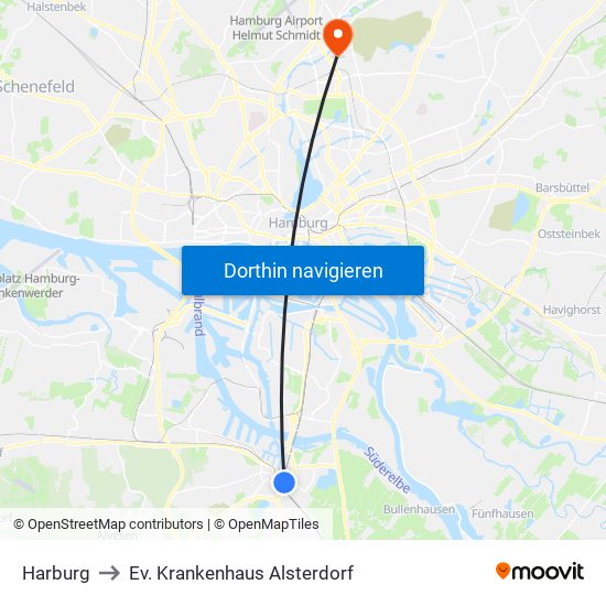 Harburg to Ev. Krankenhaus Alsterdorf map