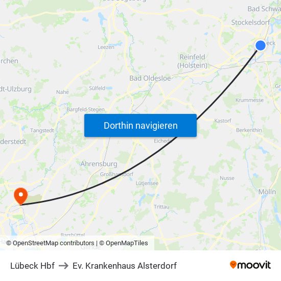 Lübeck Hbf to Ev. Krankenhaus Alsterdorf map