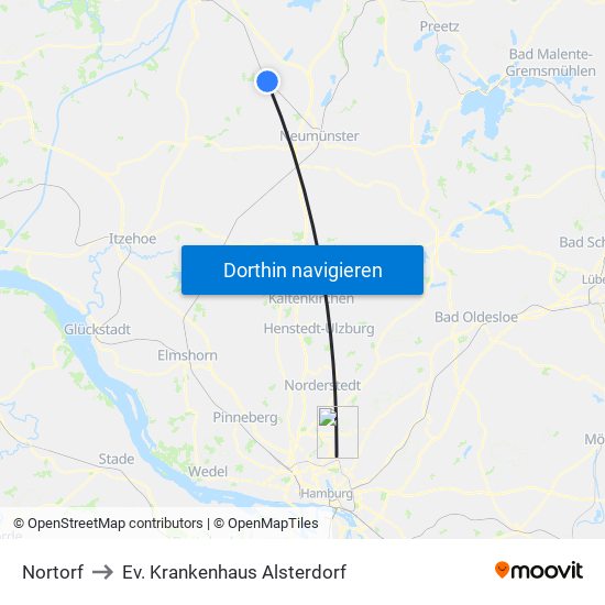 Nortorf to Ev. Krankenhaus Alsterdorf map