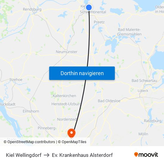 Kiel Wellingdorf to Ev. Krankenhaus Alsterdorf map