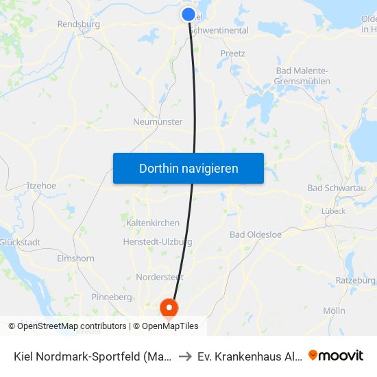 Kiel Nordmark-Sportfeld (Mare-Klinikum) to Ev. Krankenhaus Alsterdorf map