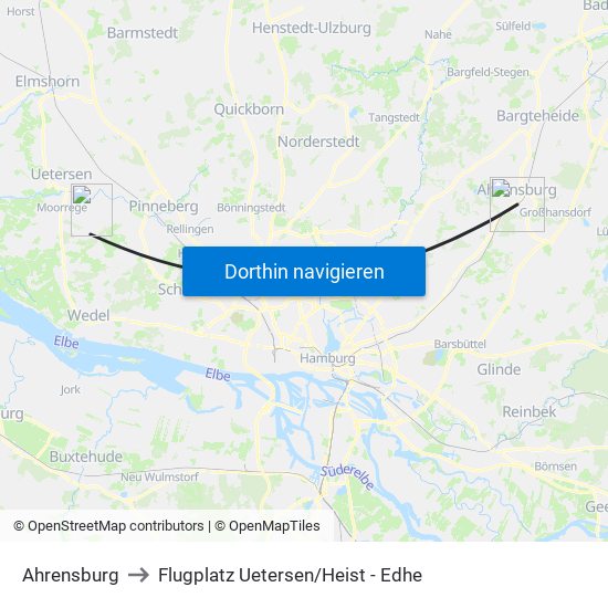 Ahrensburg to Flugplatz Uetersen / Heist - Edhe map