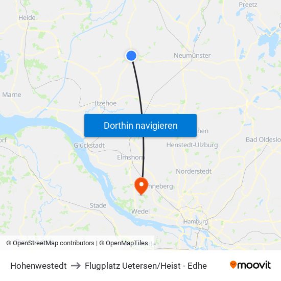 Hohenwestedt to Flugplatz Uetersen / Heist - Edhe map