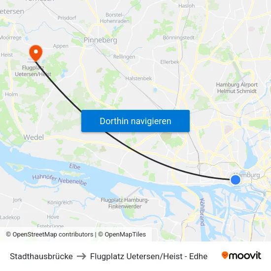 Stadthausbrücke to Flugplatz Uetersen / Heist - Edhe map