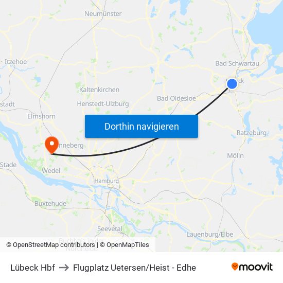 Lübeck Hbf to Flugplatz Uetersen / Heist - Edhe map