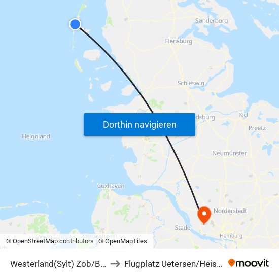 Westerland(Sylt) Zob/Bahnhof to Flugplatz Uetersen / Heist - Edhe map