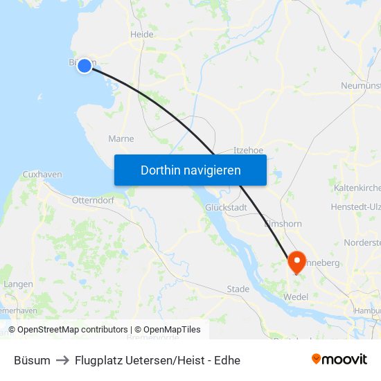 Büsum to Flugplatz Uetersen / Heist - Edhe map