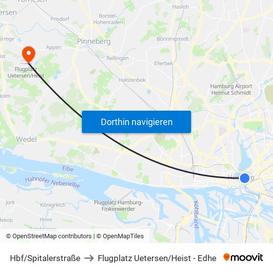 Hbf/Spitalerstraße to Flugplatz Uetersen / Heist - Edhe map