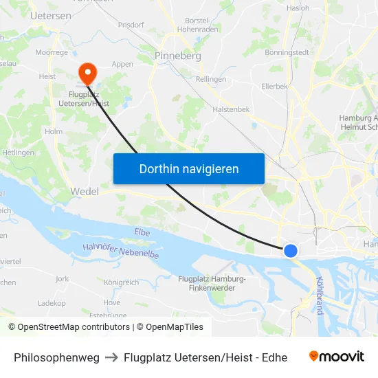Philosophenweg to Flugplatz Uetersen / Heist - Edhe map
