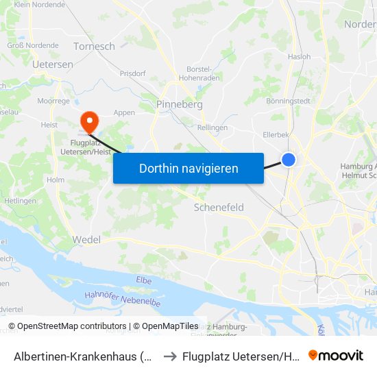 Albertinen-Krankenhaus (A Schnelsen) to Flugplatz Uetersen / Heist - Edhe map