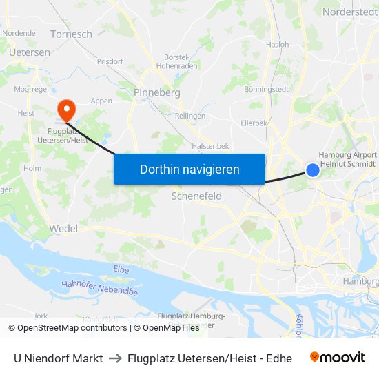U Niendorf Markt to Flugplatz Uetersen / Heist - Edhe map