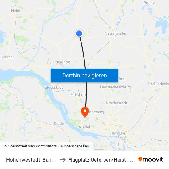 Hohenwestedt, Bahnhof to Flugplatz Uetersen / Heist - Edhe map