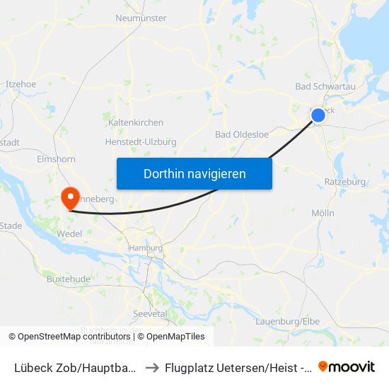 Lübeck Zob/Hauptbahnhof to Flugplatz Uetersen / Heist - Edhe map